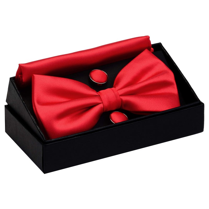 GUSLESON Mens Adjustable Solid Red Bow Tie Pre-tied Wedding Bowtie and Pocket Square Cufflink Set With Box (0570-12) - Image 2